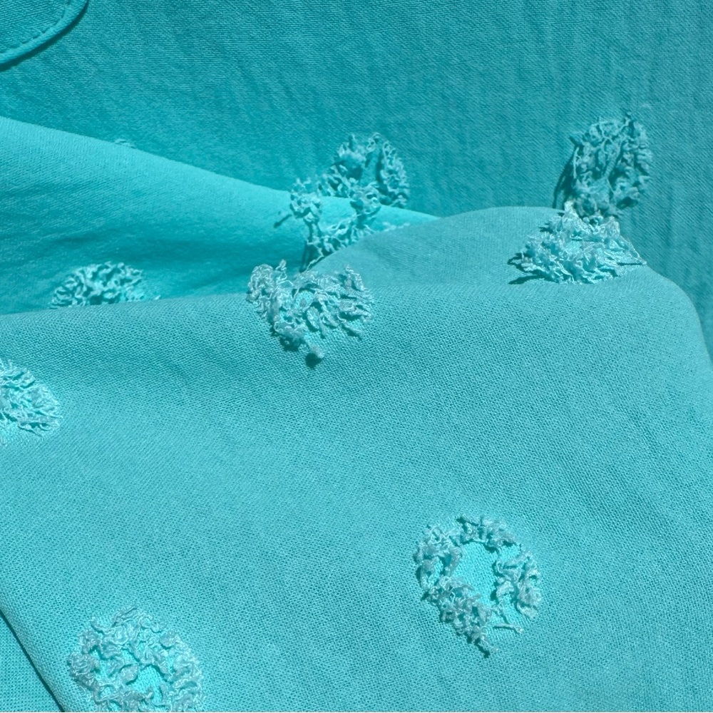 🐬Casual dress~cover-up turquoise blue, raised polkadots, pockets, darts EUC🐬 - Picture 6 of 9